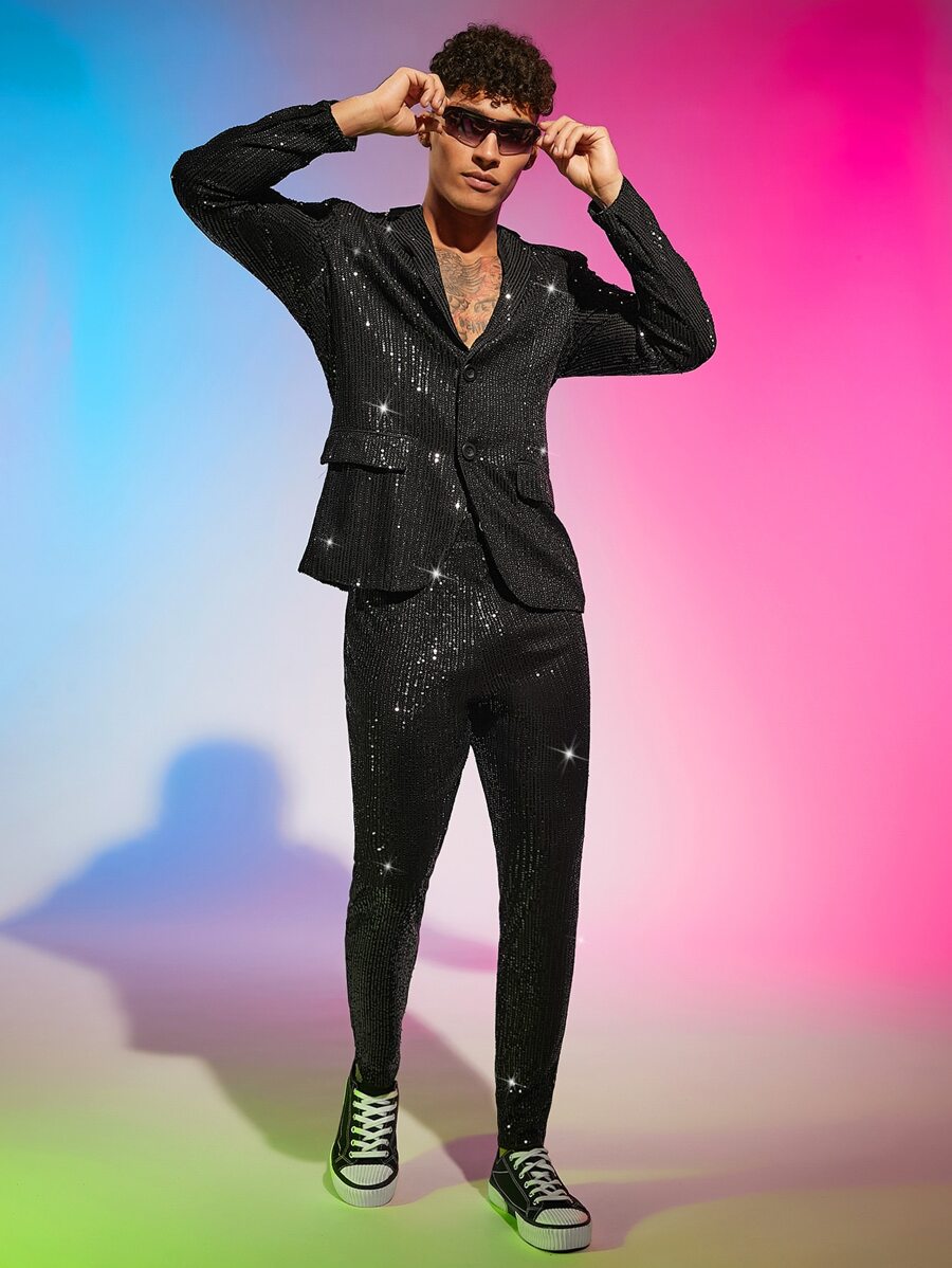 FeverCity Men Lapel Collar Sequin Blazer & Pants Set - Black - View 1