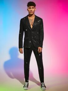 FeverCity Men Lapel Collar Sequin Blazer & Pants Set - Black - View 2