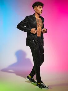 FeverCity Men Lapel Collar Sequin Blazer & Pants Set - Black - View 3