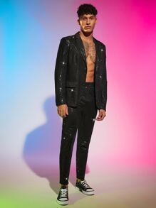 FeverCity Men Lapel Collar Sequin Blazer & Pants Set - Black - View 4