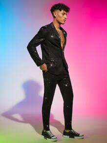 FeverCity Men Lapel Collar Sequin Blazer & Pants Set - Black - View 5