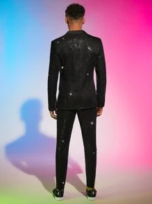 FeverCity Men Lapel Collar Sequin Blazer & Pants Set - Black - View 6