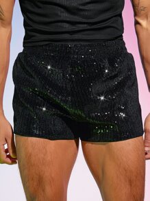 FeverCity Men Straight Leg Sequin Shorts - Black - View 1