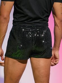 FeverCity Men Straight Leg Sequin Shorts - Black - View 2