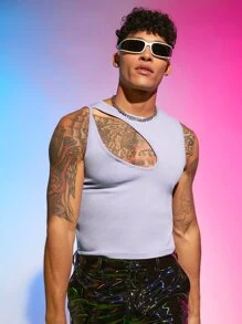 Manfinity RebelGame Tops Nam Bất đối xứng Cắt ra màu trơn Giải trí - Màu Xám nhạt - Xem 1