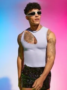 Manfinity RebelGame Tops Nam Bất đối xứng Cắt ra màu trơn Giải trí - Màu Xám nhạt - Xem 2