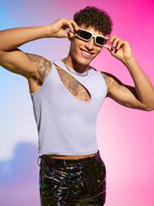 Manfinity RebelGame Tops Nam Bất đối xứng Cắt ra màu trơn Giải trí - Màu Xám nhạt - Xem 4