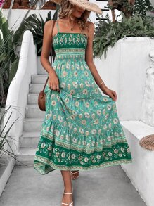 SHEIN VCAY Vestido de tirantes con estampado floral con fruncido bajo con fruncido - Verde - Ver 1