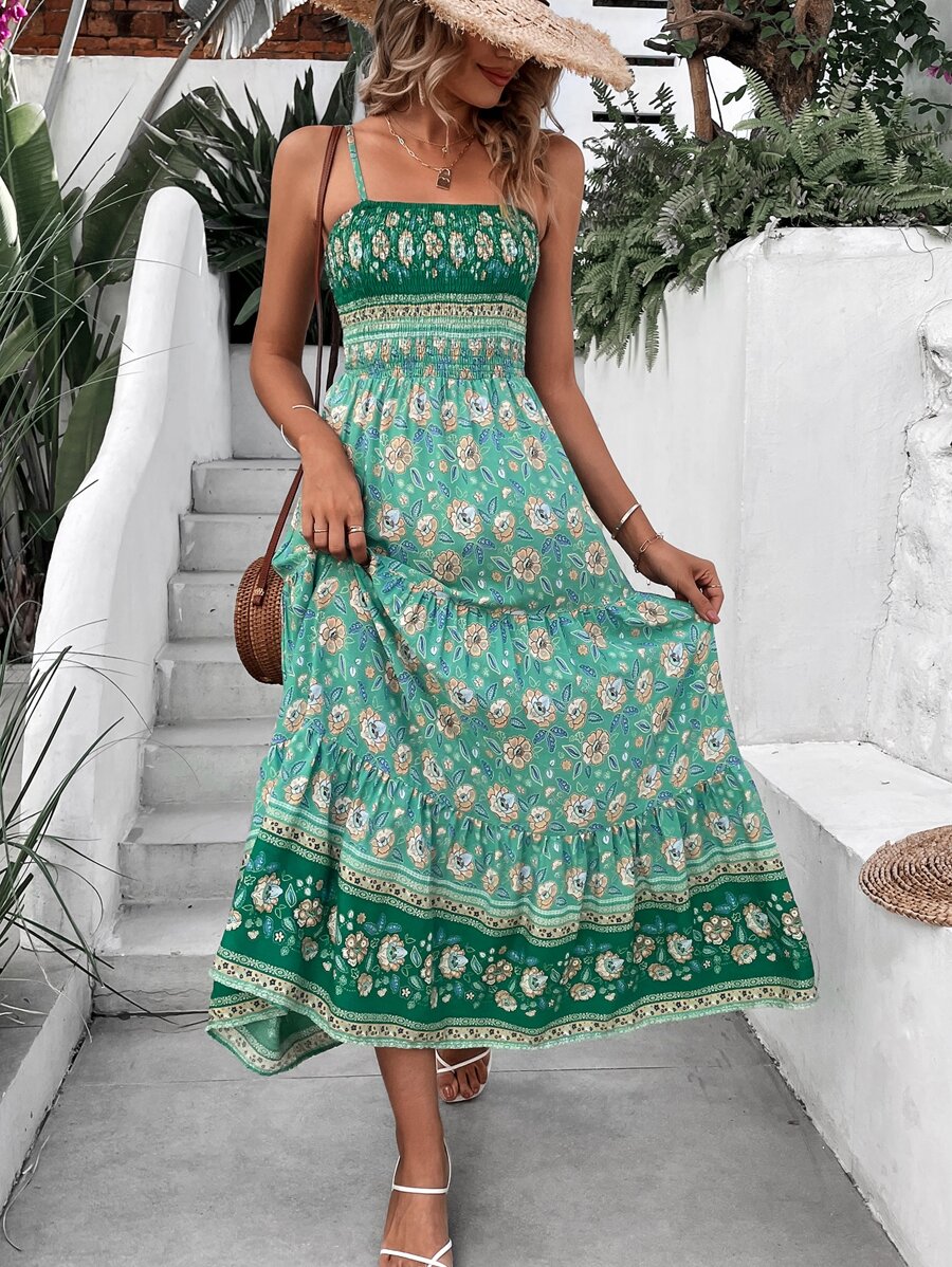 SHEIN VCAY Vestido de tirantes con estampado floral con fruncido bajo con fruncido - Verde - Ver 1