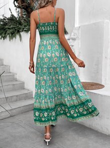 SHEIN VCAY Vestido de tirantes con estampado floral con fruncido bajo con fruncido - Verde - Ver 2