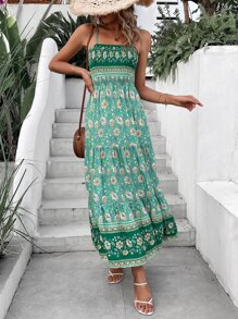 SHEIN VCAY Vestido de tirantes con estampado floral con fruncido bajo con fruncido - Verde - Ver 5