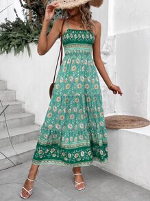SHEIN VCAY Vestido de tirantes con estampado floral con fruncido bajo con fruncido - Verde - Ver 6
