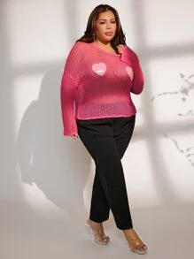 SHEIN SXY Plus Heart Pattern Drop Shoulder Pointelle Knit Jumper Without Bra - Pink - View 5