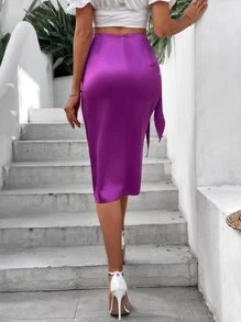Allurite Solid Knot Side Wrap Skirt - Purple - View 2