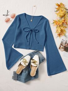 SHEIN MOD Tie Front Bell Sleeve Crop Top - Blue - View 1