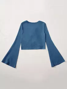SHEIN MOD Tie Front Bell Sleeve Crop Top - Blue - View 2