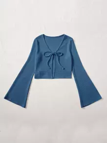 SHEIN MOD Tie Front Bell Sleeve Crop Top - Blue - View 3