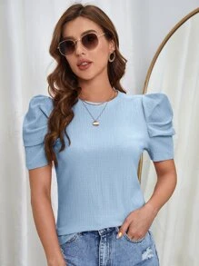SHEIN Clasi Puff Sleeve Round Neck Tee - Baby Blue - View 4