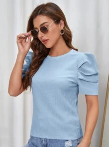 SHEIN Clasi Puff Sleeve Round Neck Tee - Baby Blue - View 5