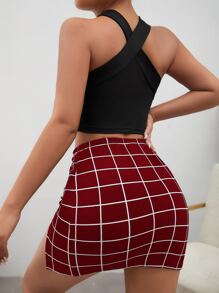 SHEIN SXY 十字交叉掛脖上衣和格紋印花開衩短裙 - 紫紅色 - 查看 2