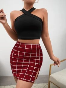 SHEIN SXY 十字交叉掛脖上衣和格紋印花開衩短裙 - 紫紅色 - 查看 3
