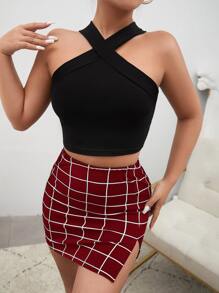 SHEIN SXY 十字交叉掛脖上衣和格紋印花開衩短裙 - 紫紅色 - 查看 5