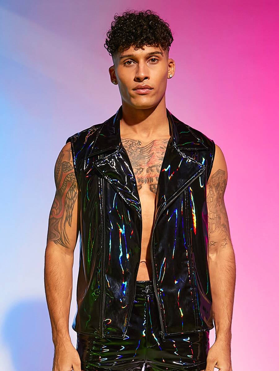 Manfinity Men Lapel Neck PU Leather Vest Jacket - Black - View 1