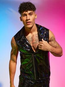 Manfinity Men Lapel Neck PU Leather Vest Jacket - Black - View 2