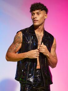 Manfinity Men Lapel Neck PU Leather Vest Jacket - Black - View 3