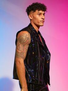 Manfinity Men Lapel Neck PU Leather Vest Jacket - Black - View 4