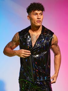 Manfinity Men Lapel Neck PU Leather Vest Jacket - Black - View 5