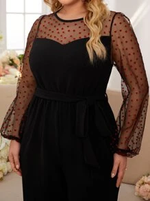SHEIN Frenchy Jumpsuits Plus Size Thắt lưng Tương phản Mesh Dây kéo Tim Thanh lịch - màu đen - Xem 4