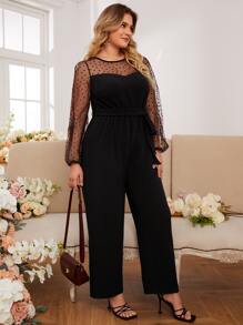 SHEIN Frenchy Jumpsuits Plus Size Thắt lưng Tương phản Mesh Dây kéo Tim Thanh lịch - màu đen - Xem 1