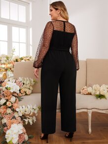 SHEIN Frenchy Jumpsuits Plus Size Thắt lưng Tương phản Mesh Dây kéo Tim Thanh lịch - màu đen - Xem 5