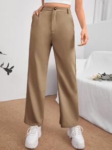 SHEIN PETITE Solid High Waist Trousers - Camel - View 1