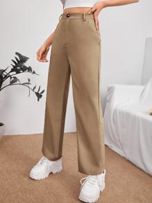 SHEIN PETITE Solid High Waist Trousers - Camel - View 3