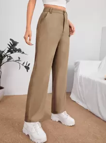 SHEIN PETITE Solid High Waist Trousers - Camel - View 4