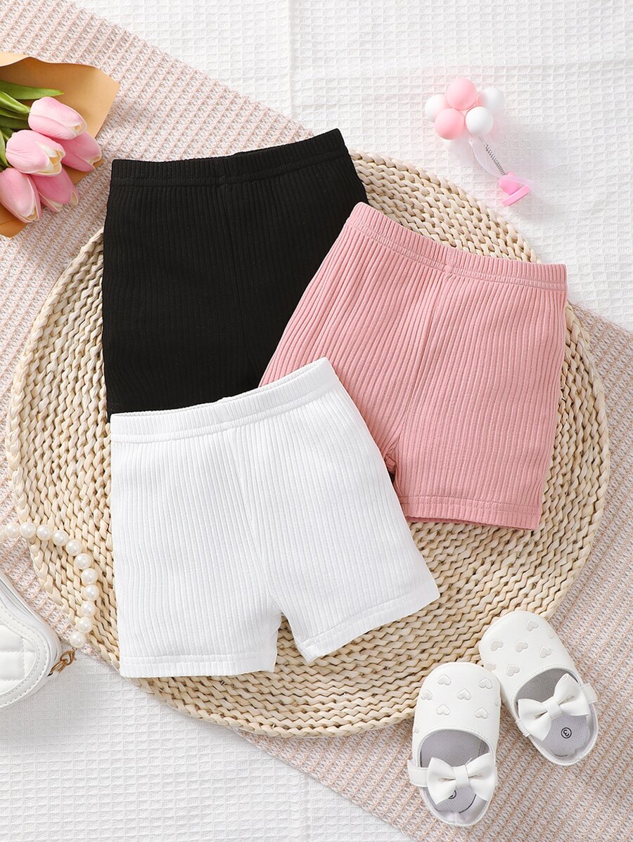SHEIN Baby Girl 3pcs Solid Rib-Knit Shorts - Multicolor - View 1