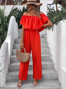 SHEIN VCAY Mono de hombros descubiertos ribete con fruncido - Rojo - Ver 1
