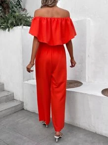 SHEIN VCAY Mono de hombros descubiertos ribete con fruncido - Rojo - Ver 2