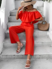 SHEIN VCAY Mono de hombros descubiertos ribete con fruncido - Rojo - Ver 4