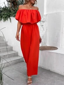SHEIN VCAY Mono de hombros descubiertos ribete con fruncido - Rojo - Ver 5
