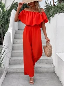 SHEIN VCAY Mono de hombros descubiertos ribete con fruncido - Rojo - Ver 6