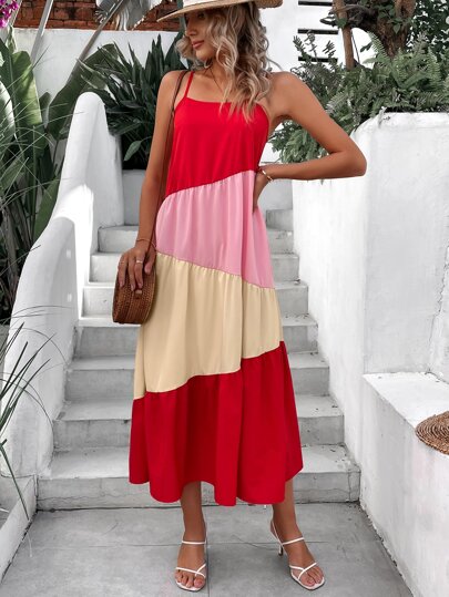 SHEIN VCAY Colorblock Ruffle Hem Cami Dress