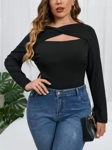 SHEIN Privé Plus Twist Front Cut Out Bodysuit - Black - View 2