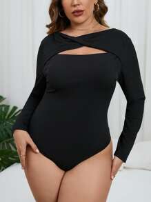 SHEIN Privé Plus Twist Front Cut Out Bodysuit - Black - View 4