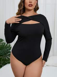 SHEIN Privé Plus Twist Front Cut Out Bodysuit - Black - View 1