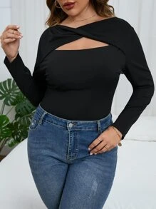 SHEIN Privé Plus Twist Front Cut Out Bodysuit - Black - View 6