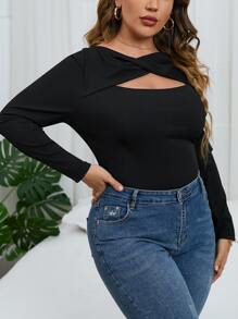 SHEIN Privé Plus Twist Front Cut Out Bodysuit - Black - View 7