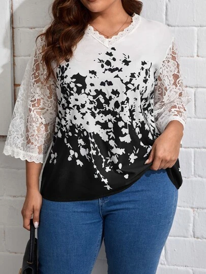 EMERY ROSE 大碼印花蕾絲拼接襯衫